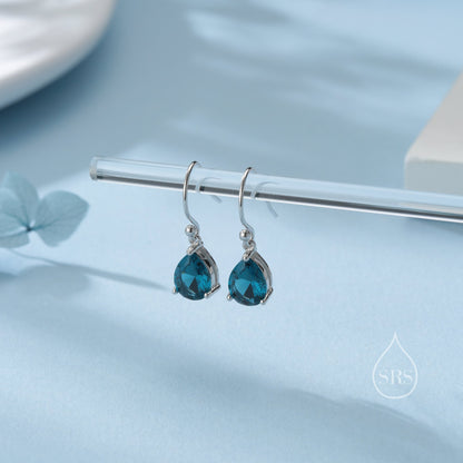 Sterling Silver London Blue CZ Droplet Drop Earrings in Sterling Silver, Silver or Gold, Pear Shape Cubic Zirconia Hook Earrings