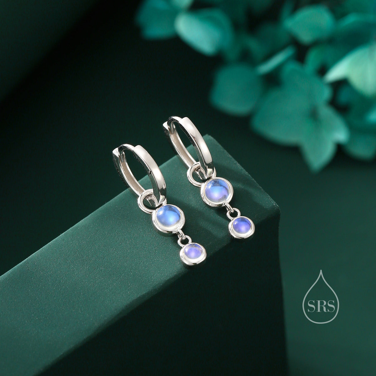 Double Moonstone Dangle Huggie Hoop Earrings in Sterling Silver, Simulated Moonstone Hoops, Silver or Gold, Detachable Charms