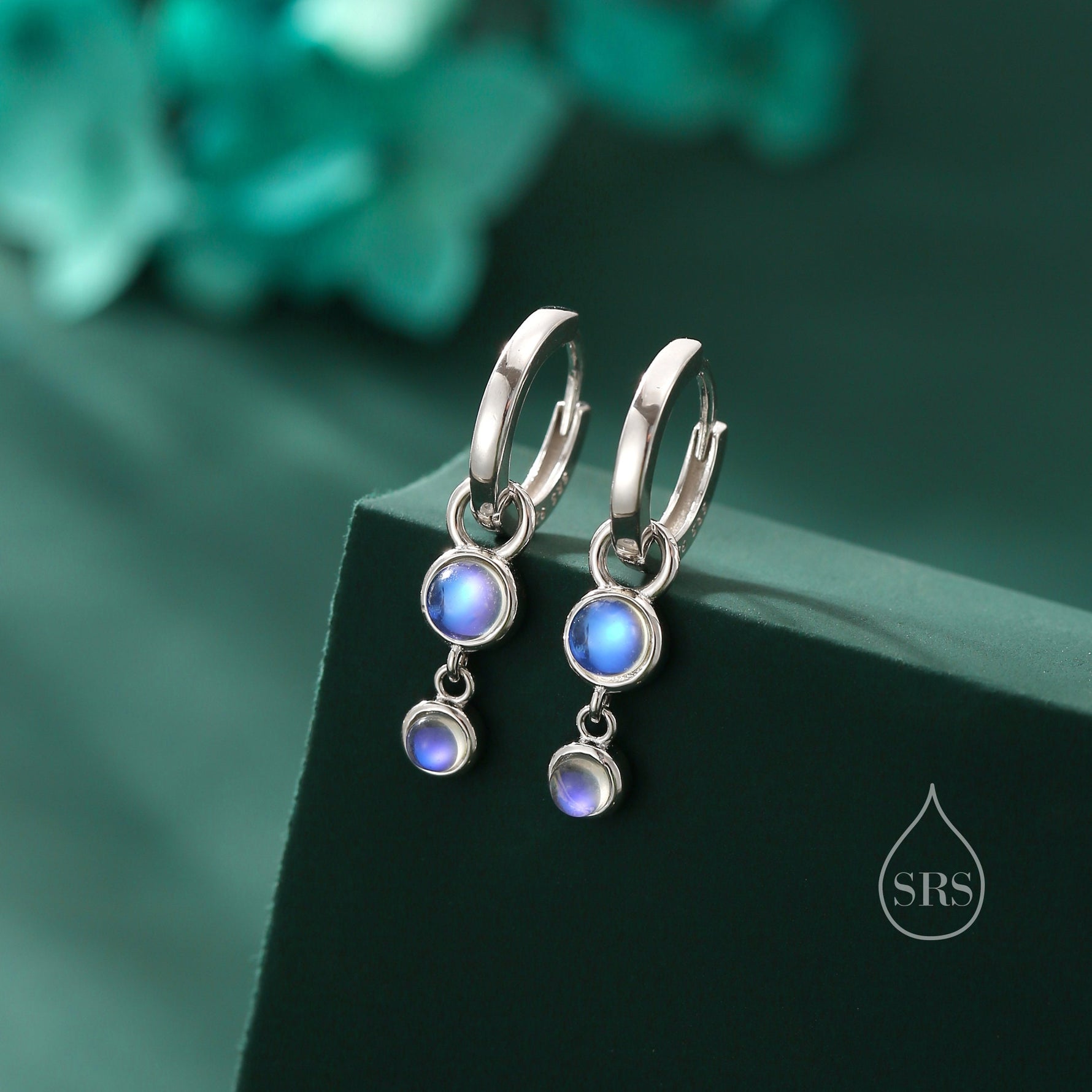 Double Moonstone Dangle Huggie Hoop Earrings in Sterling Silver, Simulated Moonstone Hoops, Silver or Gold, Detachable Charms