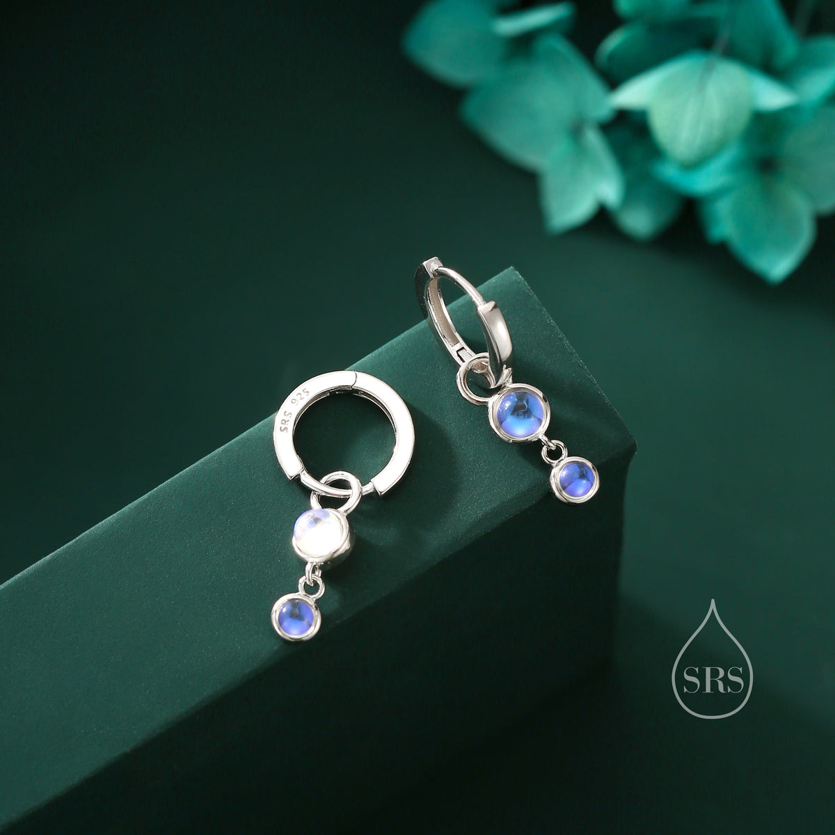 Double Moonstone Dangle Huggie Hoop Earrings in Sterling Silver, Simulated Moonstone Hoops, Silver or Gold, Detachable Charms