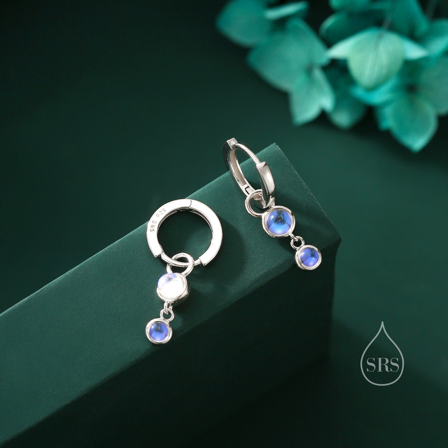 Double Moonstone Dangle Huggie Hoop Earrings in Sterling Silver, Simulated Moonstone Hoops, Silver or Gold, Detachable Charms