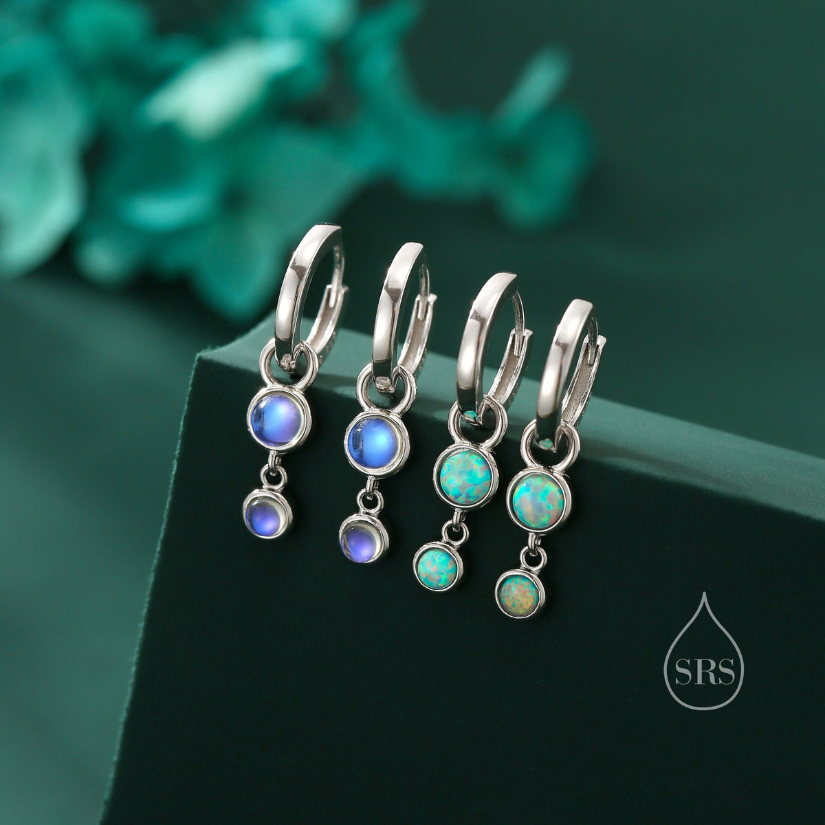 Double Opal Dangle Huggie Hoop Earrings in Sterling Silver, Simulated Opal Hoops, Silver or Gold, Detachable Charms, Aqua Green Opal Hoops