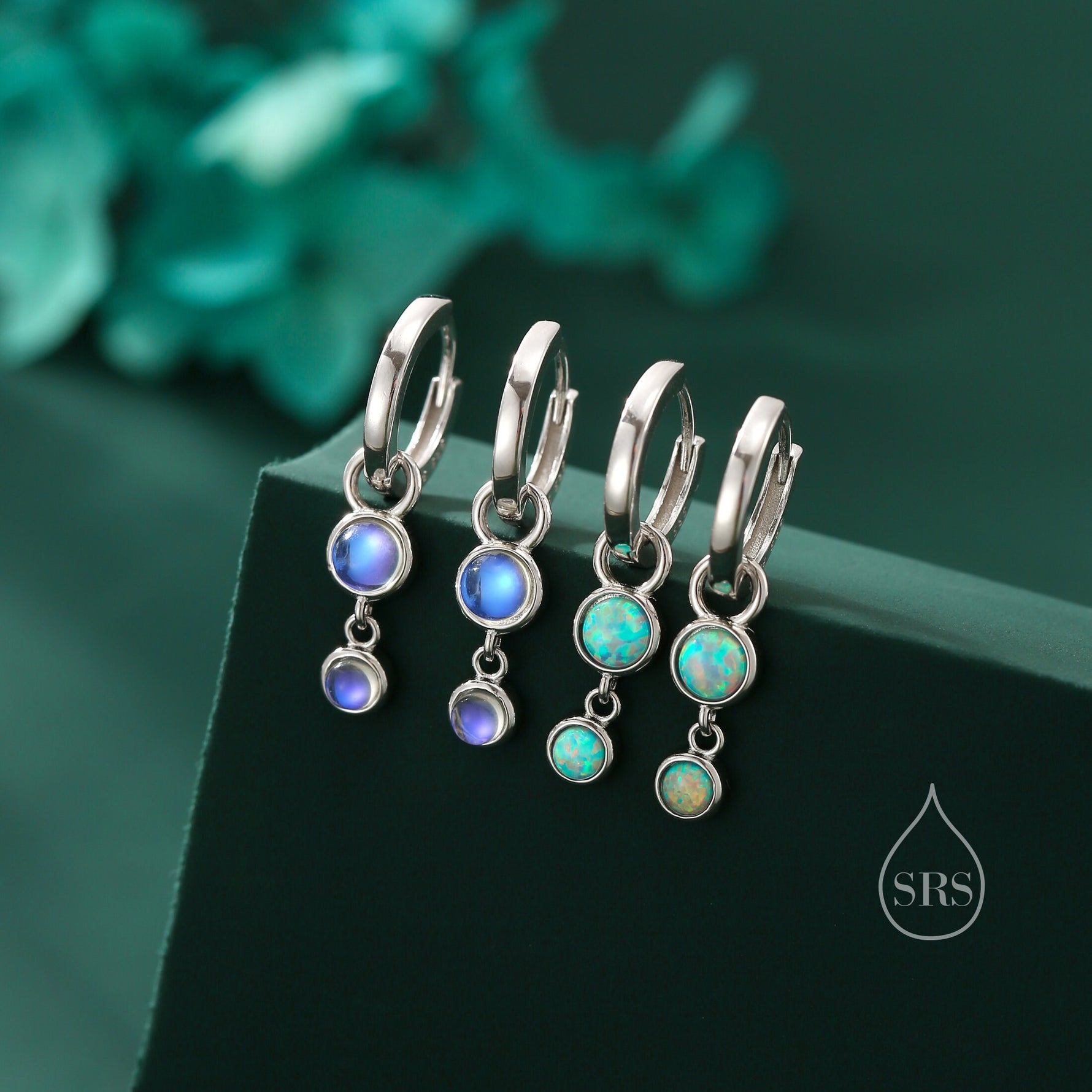 Double Opal Dangle Huggie Hoop Earrings in Sterling Silver, Simulated Opal Hoops, Silver or Gold, Detachable Charms, Aqua Green Opal Hoops