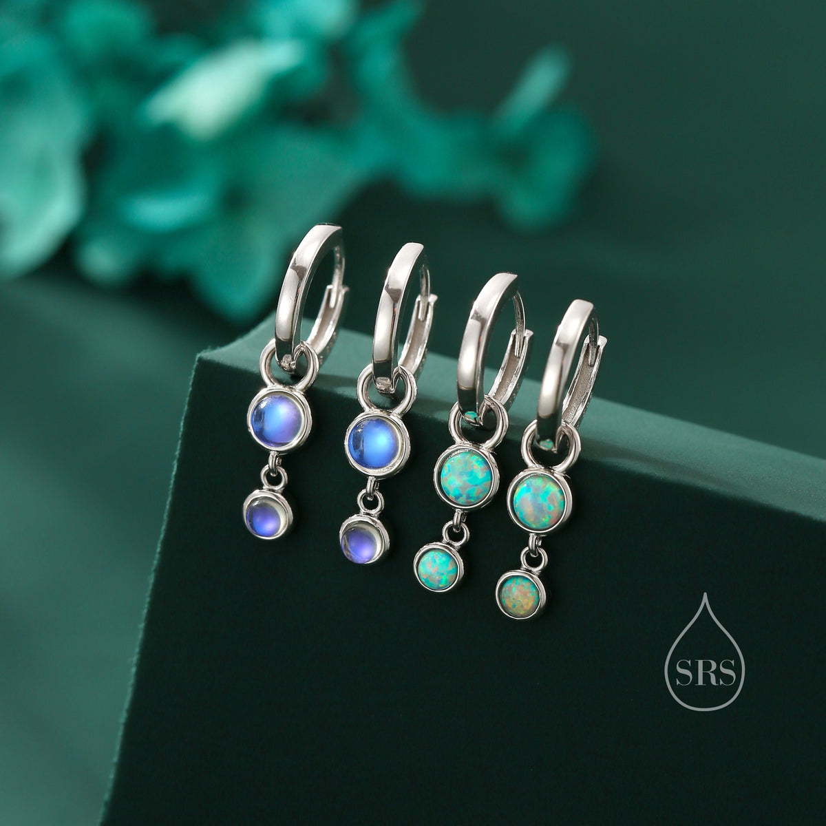 Double Moonstone Dangle Huggie Hoop Earrings in Sterling Silver, Simulated Moonstone Hoops, Silver or Gold, Detachable Charms