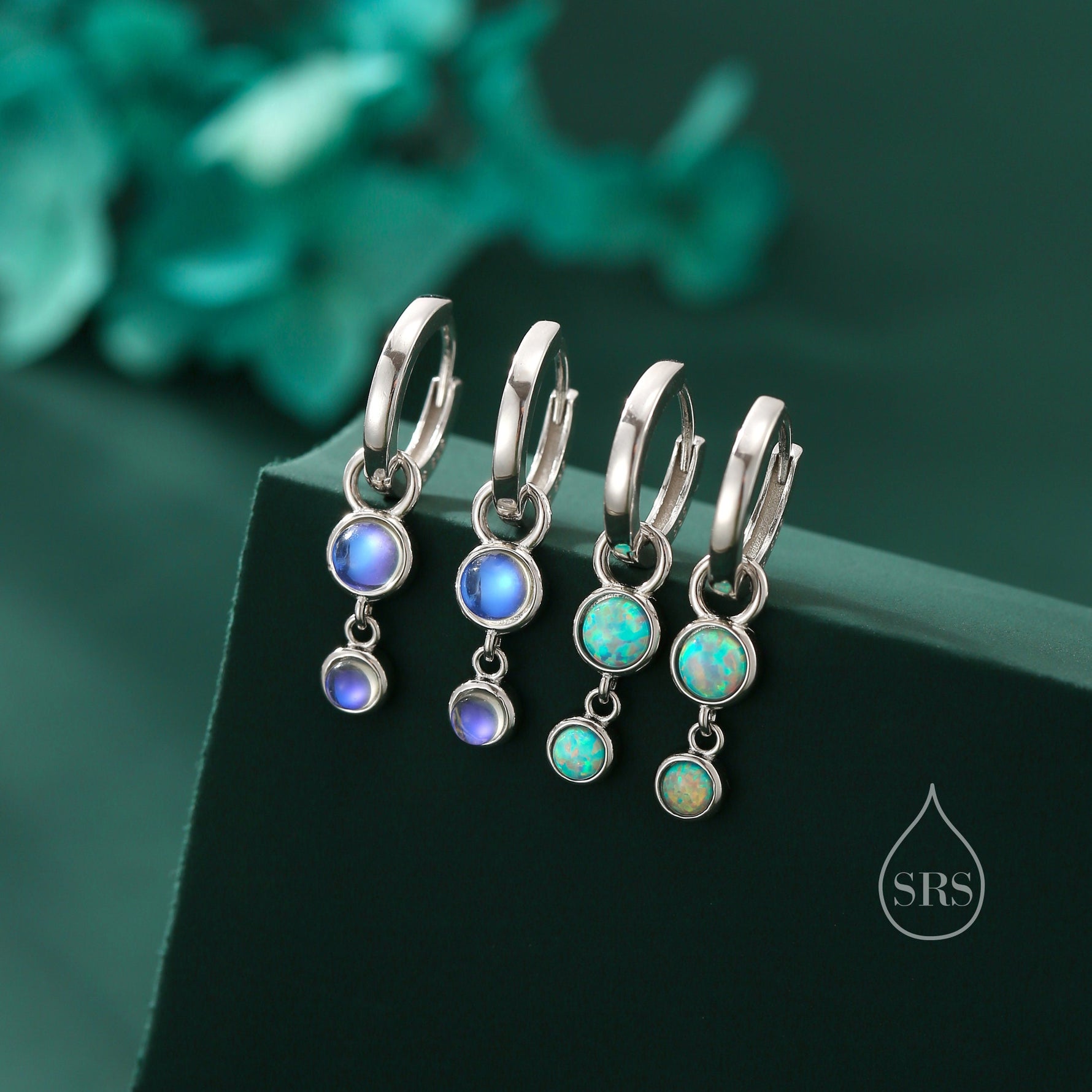 Double Moonstone Dangle Huggie Hoop Earrings in Sterling Silver, Simulated Moonstone Hoops, Silver or Gold, Detachable Charms