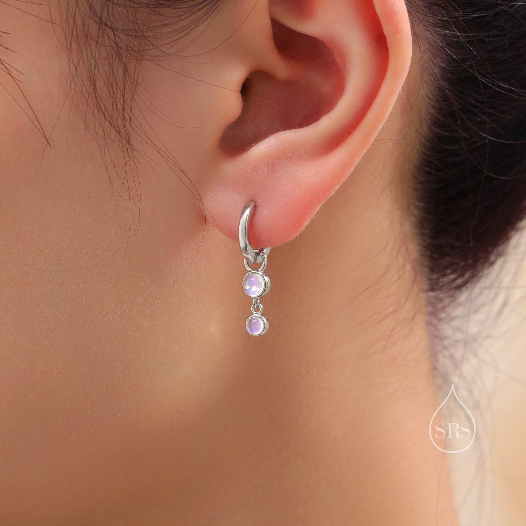 Double Moonstone Dangle Huggie Hoop Earrings in Sterling Silver, Simulated Moonstone Hoops, Silver or Gold, Detachable Charms