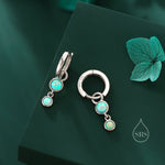 Double Opal Dangle Huggie Hoop Earrings in Sterling Silver, Simulated Opal Hoops, Silver or Gold, Detachable Charms, Aqua Green Opal Hoops
