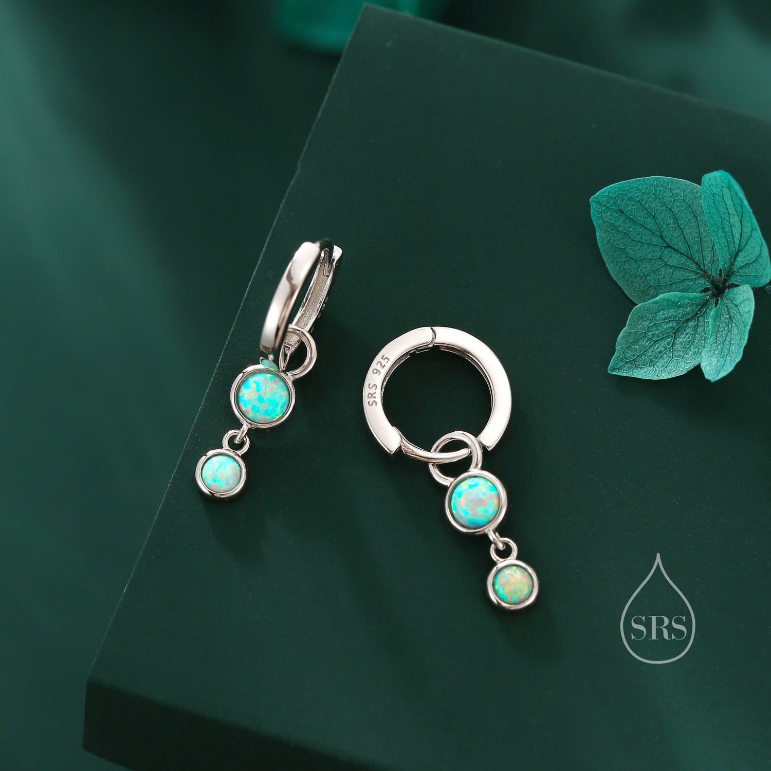 Double Opal Dangle Huggie Hoop Earrings in Sterling Silver, Simulated Opal Hoops, Silver or Gold, Detachable Charms, Aqua Green Opal Hoops