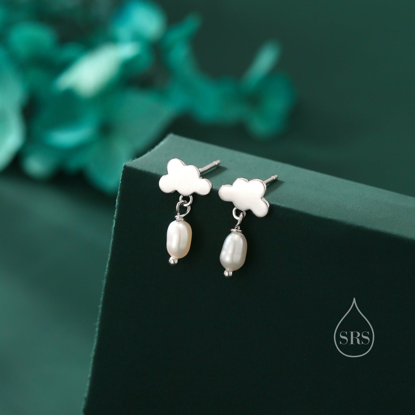 Dainty Cloud and Natural Pearl Raindrop Stud Earrings in Sterling Silver, Silver or Gold, Cloud Earrings, Freshwater Pearl Droplet Earrings