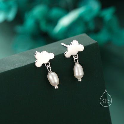 Dainty Cloud and Natural Pearl Raindrop Stud Earrings in Sterling Silver, Silver or Gold, Cloud Earrings, Freshwater Pearl Droplet Earrings