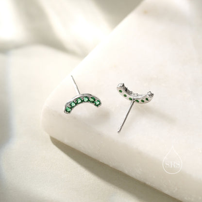 Emerald Green CZ Curved Bar Tiny Stud Earrings in Sterling Silver, Silver or Gold, Tiny CZ Bar Stud, Geometric Bar Earrings