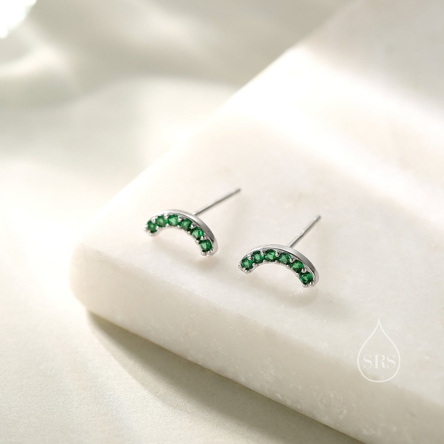 Emerald Green CZ Curved Bar Tiny Stud Earrings in Sterling Silver, Silver or Gold, Tiny CZ Bar Stud, Geometric Bar Earrings