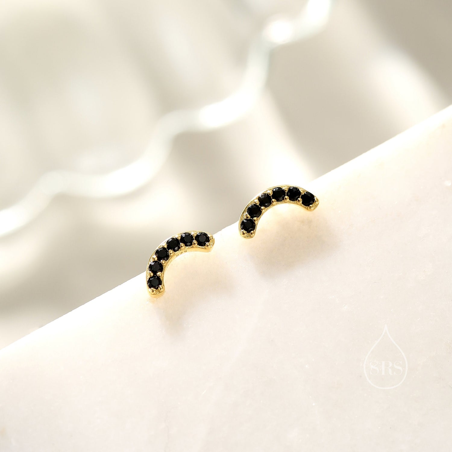 Black CZ Curved Bar Tiny Stud Earrings in Sterling Silver, Silver or Gold, Tiny CZ Bar Stud, Geometric Bar Earrings