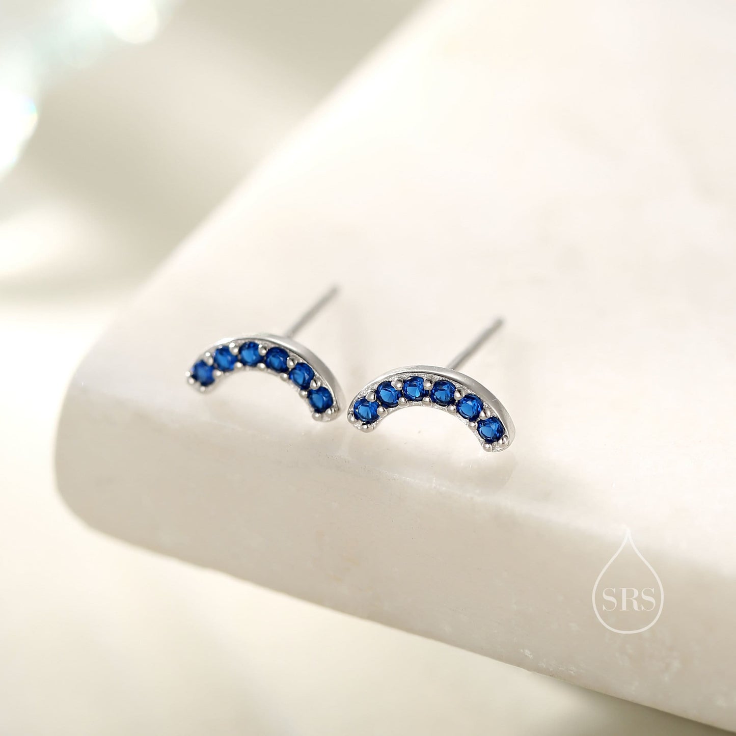 Sapphire Blue CZ Curved Bar Tiny Stud Earrings in Sterling Silver, Silver or Gold, Tiny CZ Bar Stud, Geometric Bar Earrings