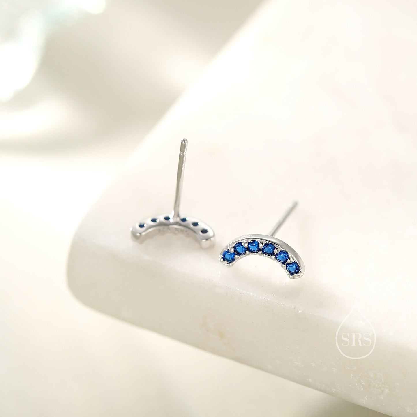 Sapphire Blue CZ Curved Bar Tiny Stud Earrings in Sterling Silver, Silver or Gold, Tiny CZ Bar Stud, Geometric Bar Earrings