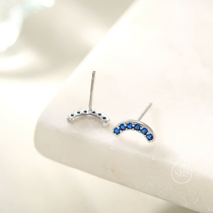 Sapphire Blue CZ Curved Bar Tiny Stud Earrings in Sterling Silver, Silver or Gold, Tiny CZ Bar Stud, Geometric Bar Earrings