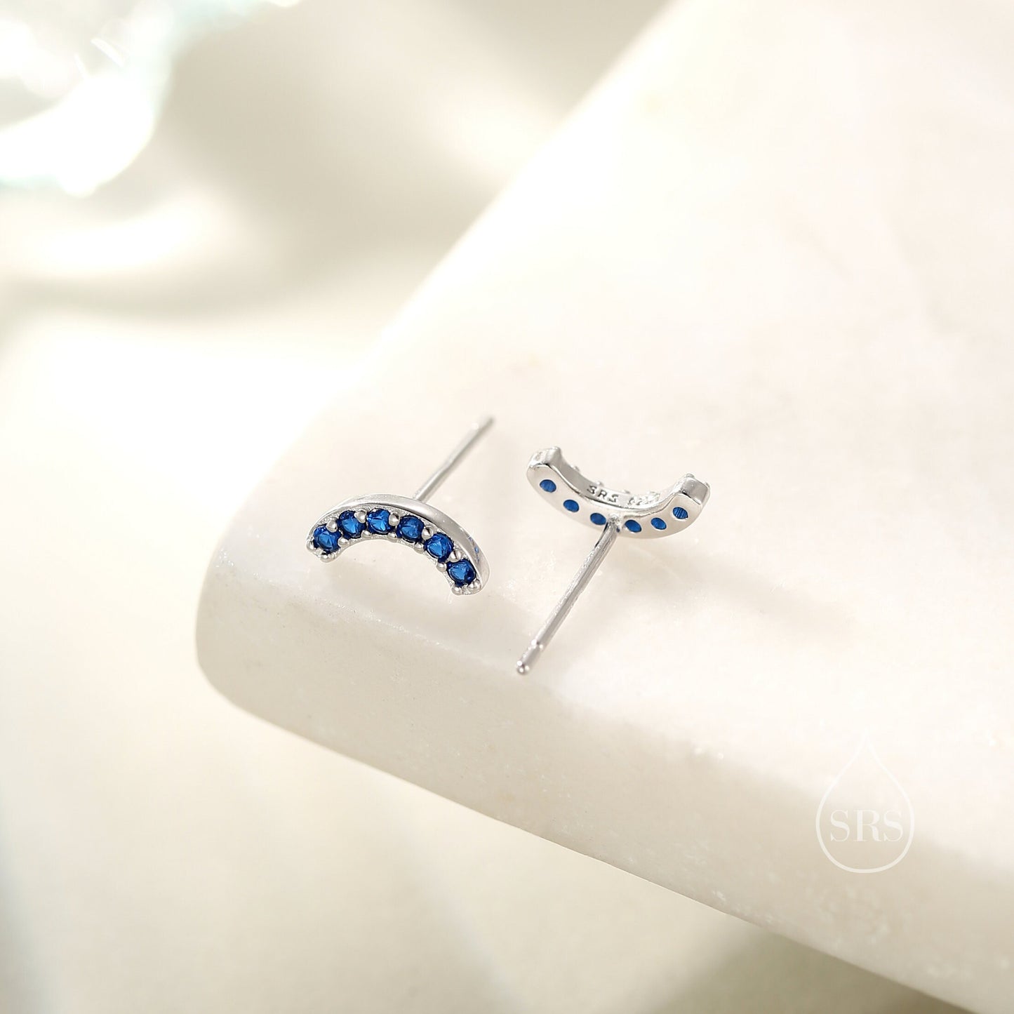 Sapphire Blue CZ Curved Bar Tiny Stud Earrings in Sterling Silver, Silver or Gold, Tiny CZ Bar Stud, Geometric Bar Earrings