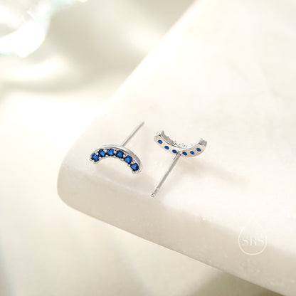 Sapphire Blue CZ Curved Bar Tiny Stud Earrings in Sterling Silver, Silver or Gold, Tiny CZ Bar Stud, Geometric Bar Earrings