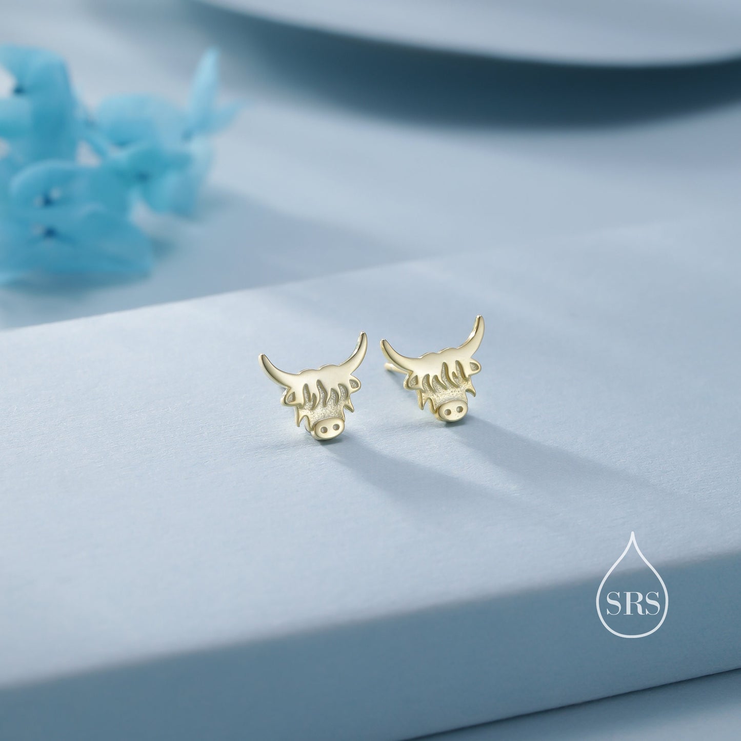 Dainty Highland Cow Stud Earrings in Sterling Silver, Silver or Gold , 2D Bull Earrings, Cow Earrings, Scottish Design