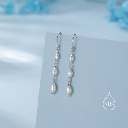 Oval Freshwater Pearl Trio Drop Hook Earrings in Sterling Silver, Silver or Gold, Irregular Shape Pearl Drop Earrings, Natural Pearls