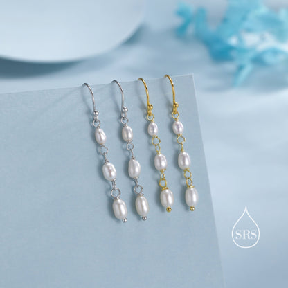 Oval Freshwater Pearl Trio Drop Hook Earrings in Sterling Silver, Silver or Gold, Irregular Shape Pearl Drop Earrings, Natural Pearls