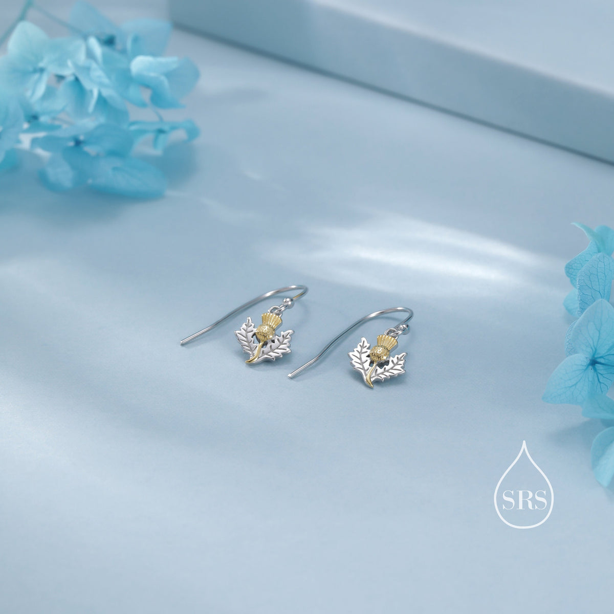 Thistle Flower Drop Hook Earrings in Sterling Silver - Scottish Flower Blossom Stud Earrings - Cute, Fun, Whimsical