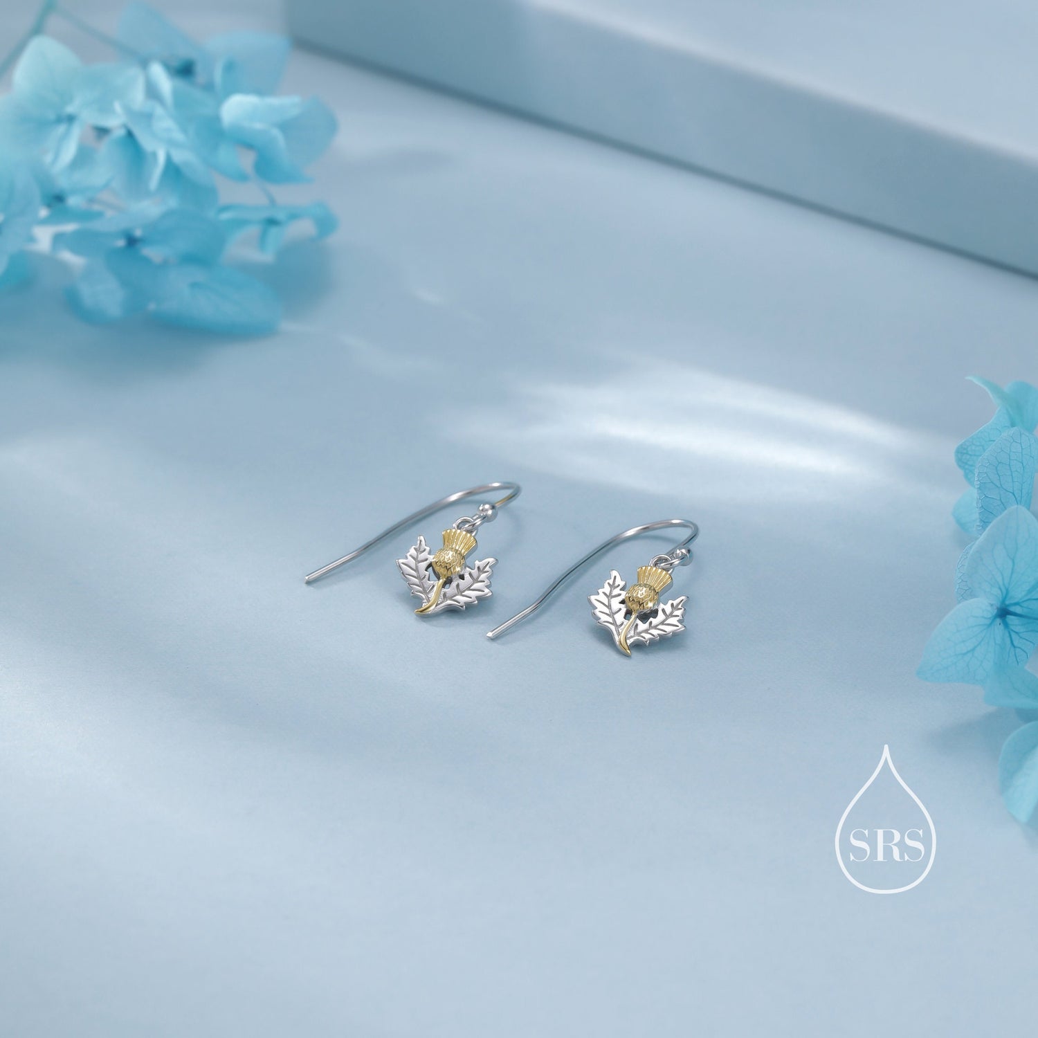 Thistle Flower Drop Hook Earrings in Sterling Silver - Scottish Flower Blossom Stud Earrings - Cute, Fun, Whimsical