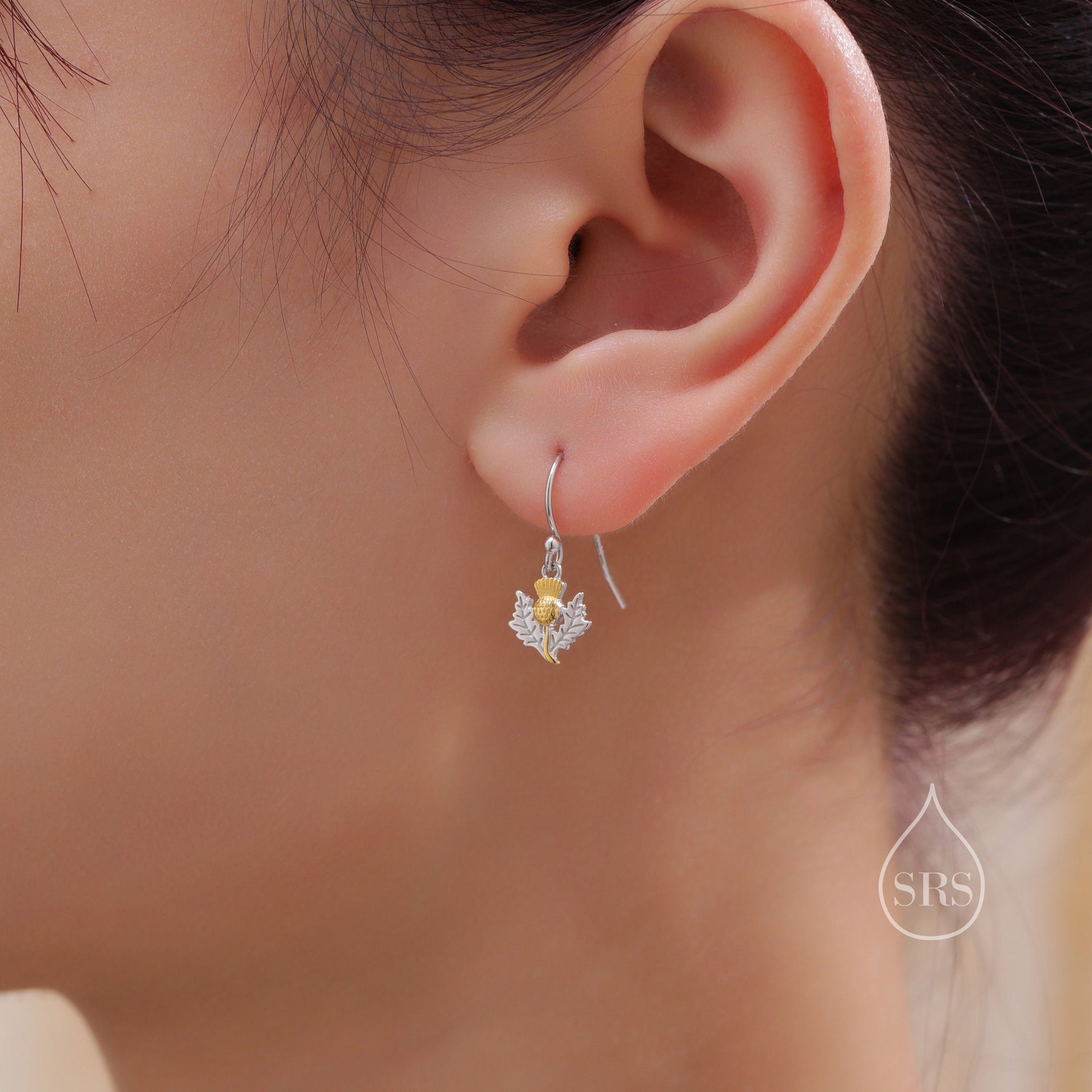 Thistle Flower Drop Hook Earrings in Sterling Silver - Scottish Flower Blossom Stud Earrings - Cute, Fun, Whimsical