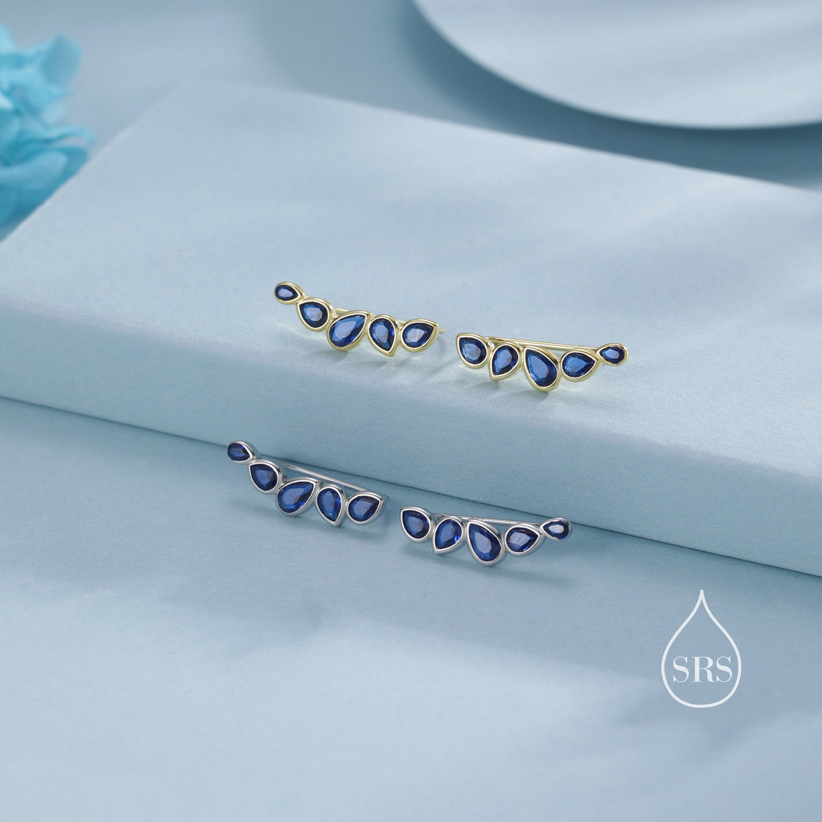 Sapphire Blue Droplet CZ Cluster Crawler Earrings in Sterling Silver, Silver or Gold, Pear CZ Cluster Crawler, Cluster Earrings