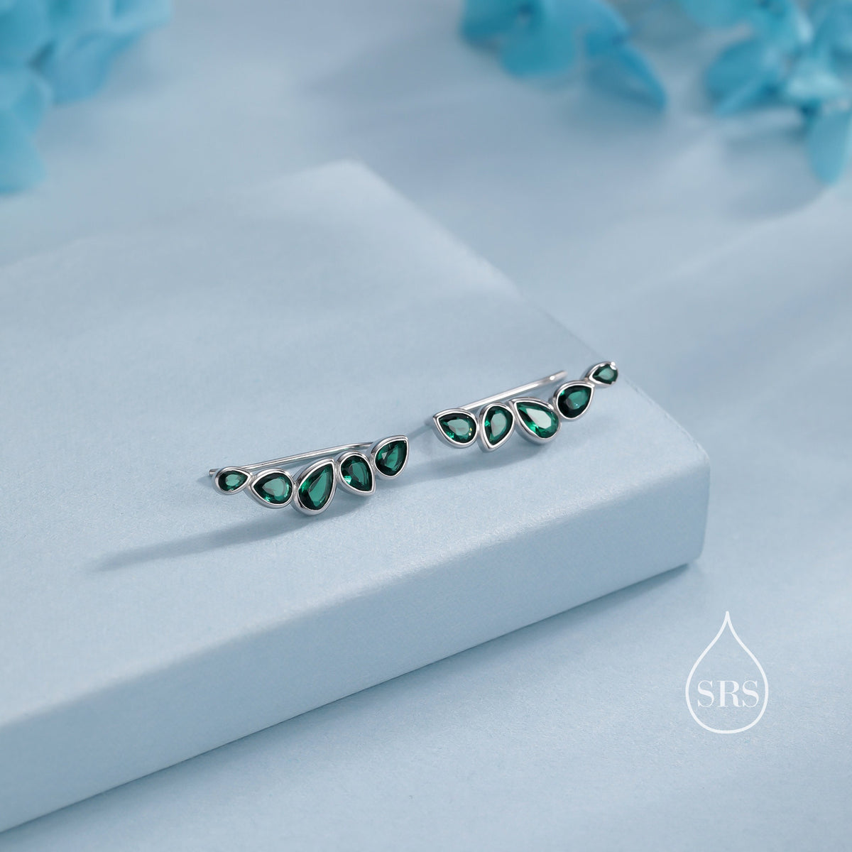 Emerald Green Droplet CZ Cluster Crawler Earrings in Sterling Silver, Silver or Gold, Pear CZ Cluster Crawler, Cluster Earrings