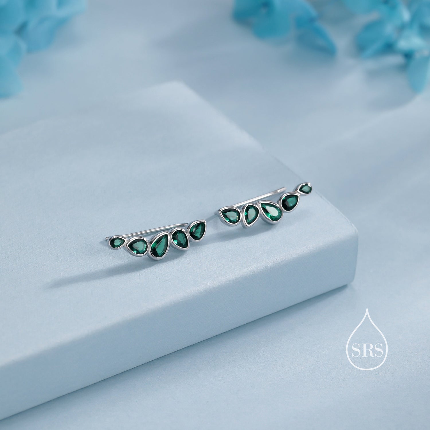 Emerald Green Droplet CZ Cluster Crawler Earrings in Sterling Silver, Silver or Gold, Pear CZ Cluster Crawler, Cluster Earrings