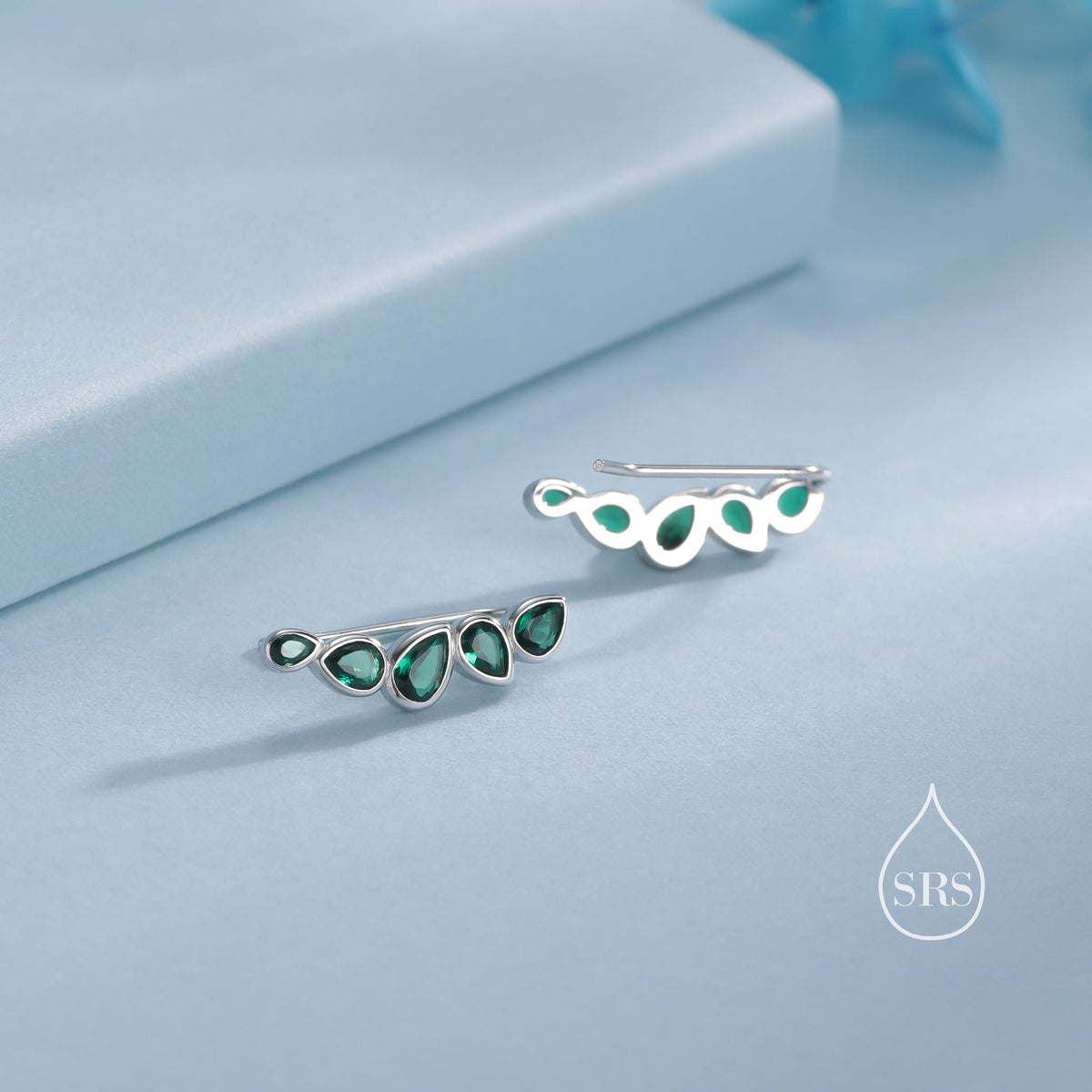 Emerald Green Droplet CZ Cluster Crawler Earrings in Sterling Silver, Silver or Gold, Pear CZ Cluster Crawler, Cluster Earrings