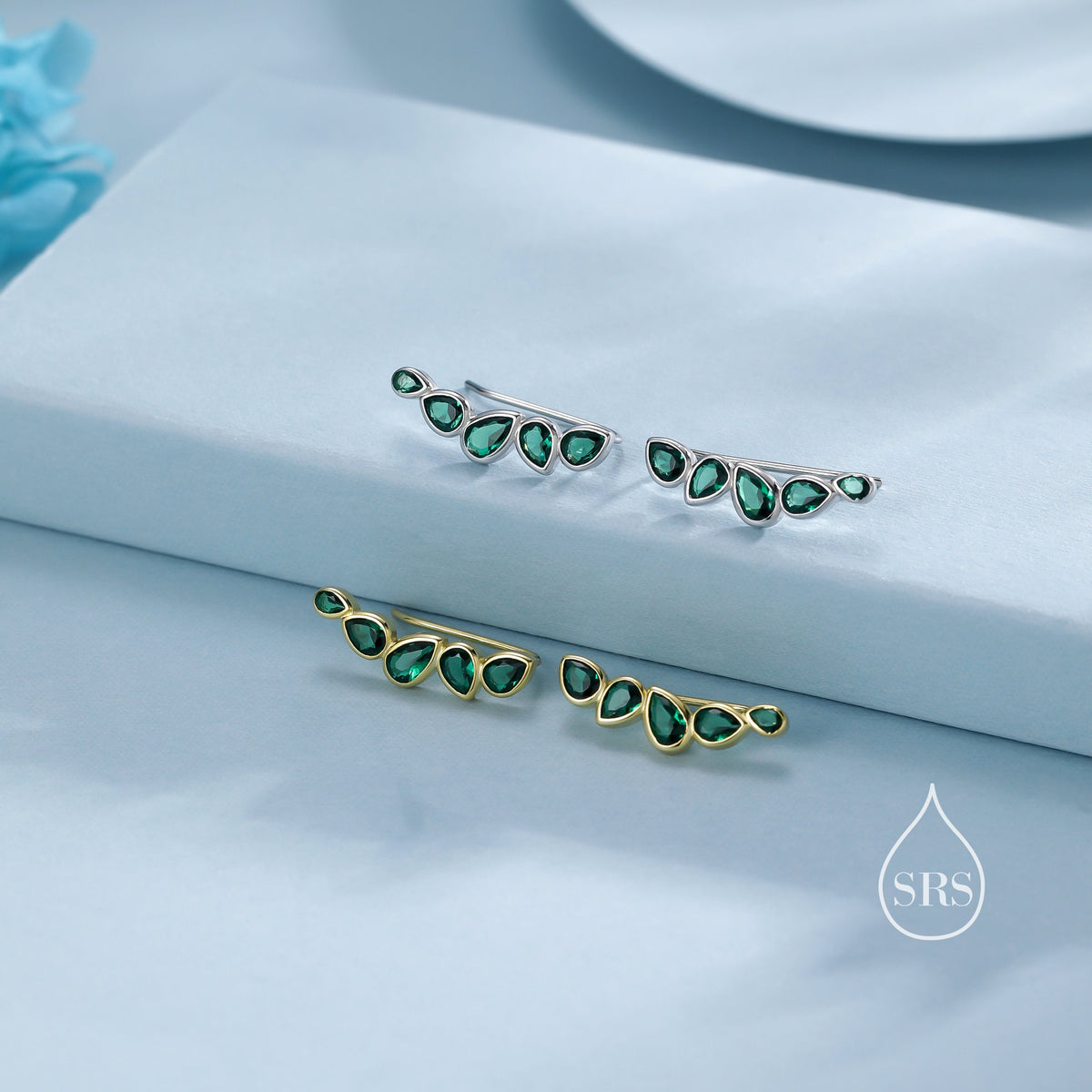 Emerald Green Droplet CZ Cluster Crawler Earrings in Sterling Silver, Silver or Gold, Pear CZ Cluster Crawler, Cluster Earrings