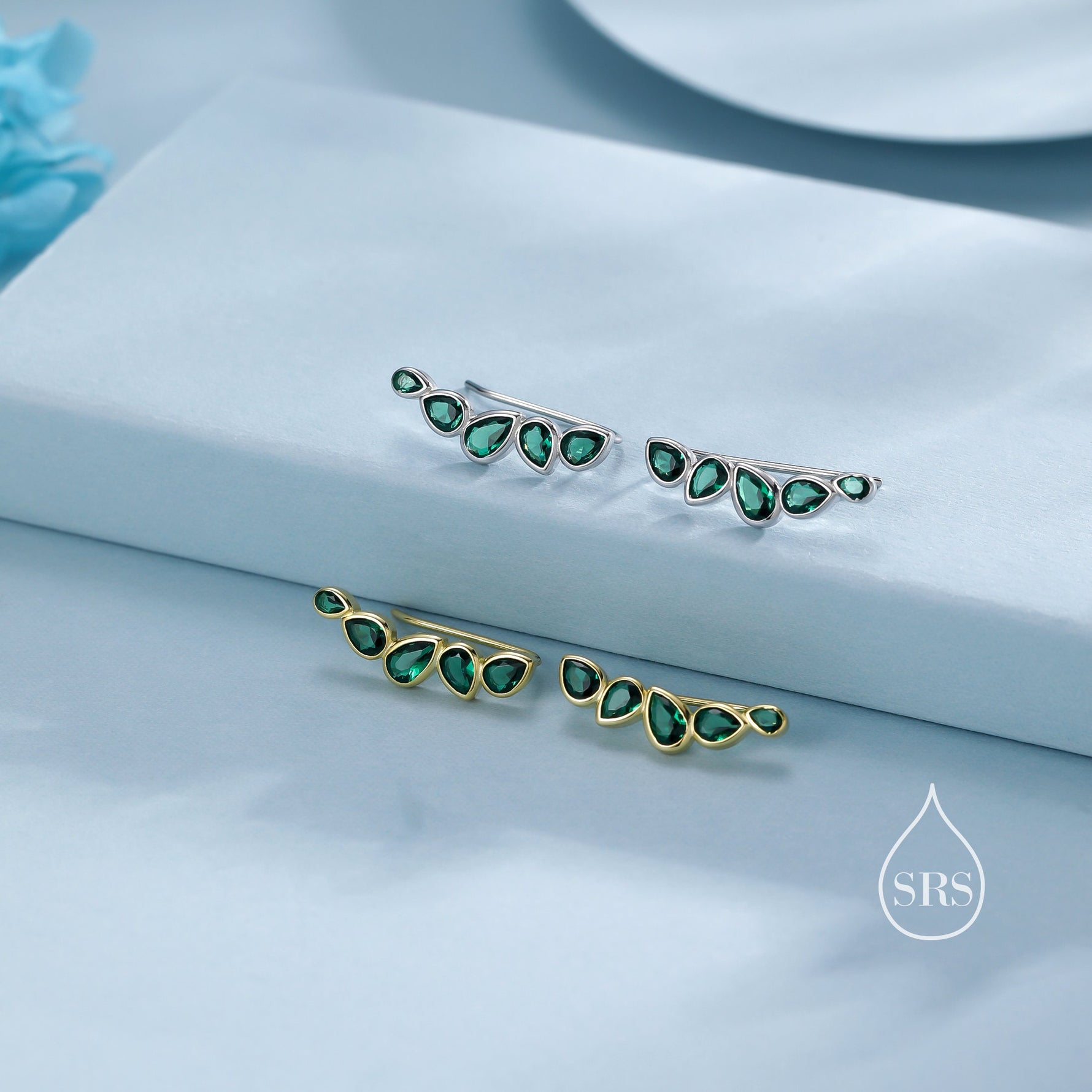 Emerald Green Droplet CZ Cluster Crawler Earrings in Sterling Silver, Silver or Gold, Pear CZ Cluster Crawler, Cluster Earrings