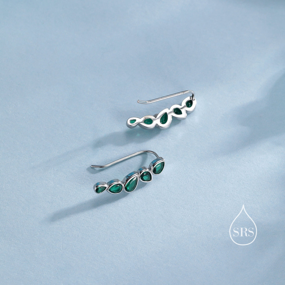 Emerald Green Droplet CZ Cluster Crawler Earrings in Sterling Silver, Silver or Gold, Pear CZ Cluster Crawler, Cluster Earrings