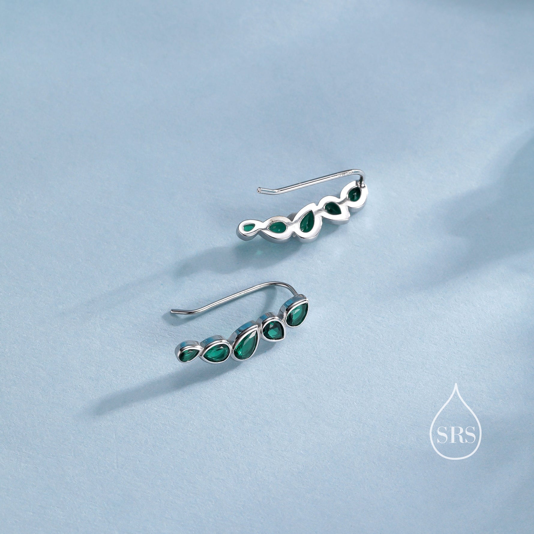 Emerald Green Droplet CZ Cluster Crawler Earrings in Sterling Silver, Silver or Gold, Pear CZ Cluster Crawler, Cluster Earrings