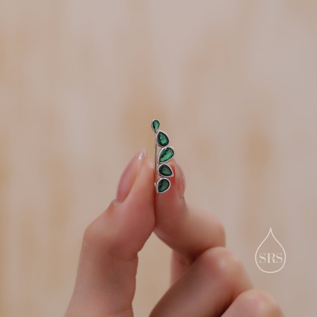 Emerald Green Droplet CZ Cluster Crawler Earrings in Sterling Silver, Silver or Gold, Pear CZ Cluster Crawler, Cluster Earrings
