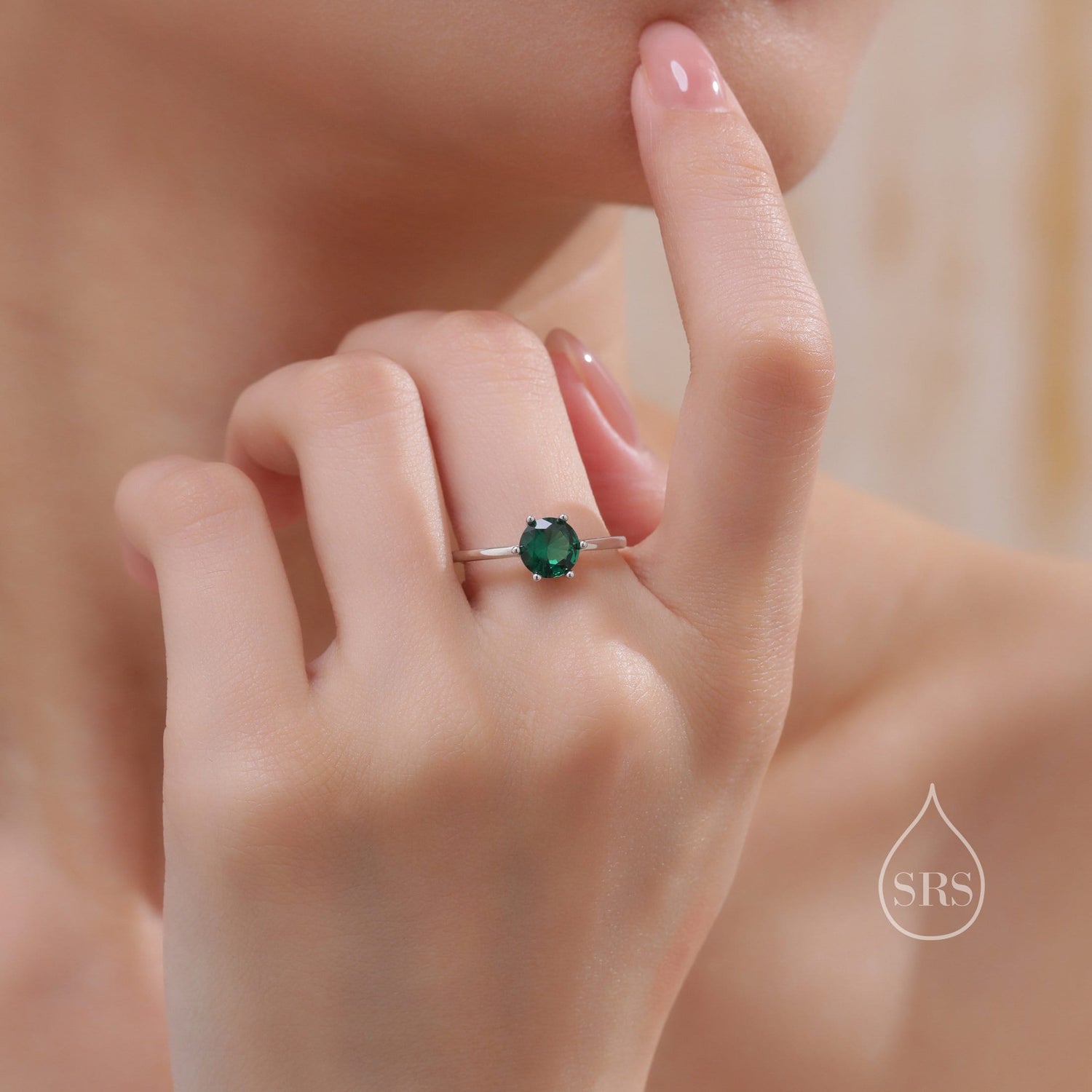 1 Carat Emerald Green CZ Ring in Sterling Silver, 6mm Green Zircon Ring, US Size 5-8, Six Prong Ring, May Birthstone