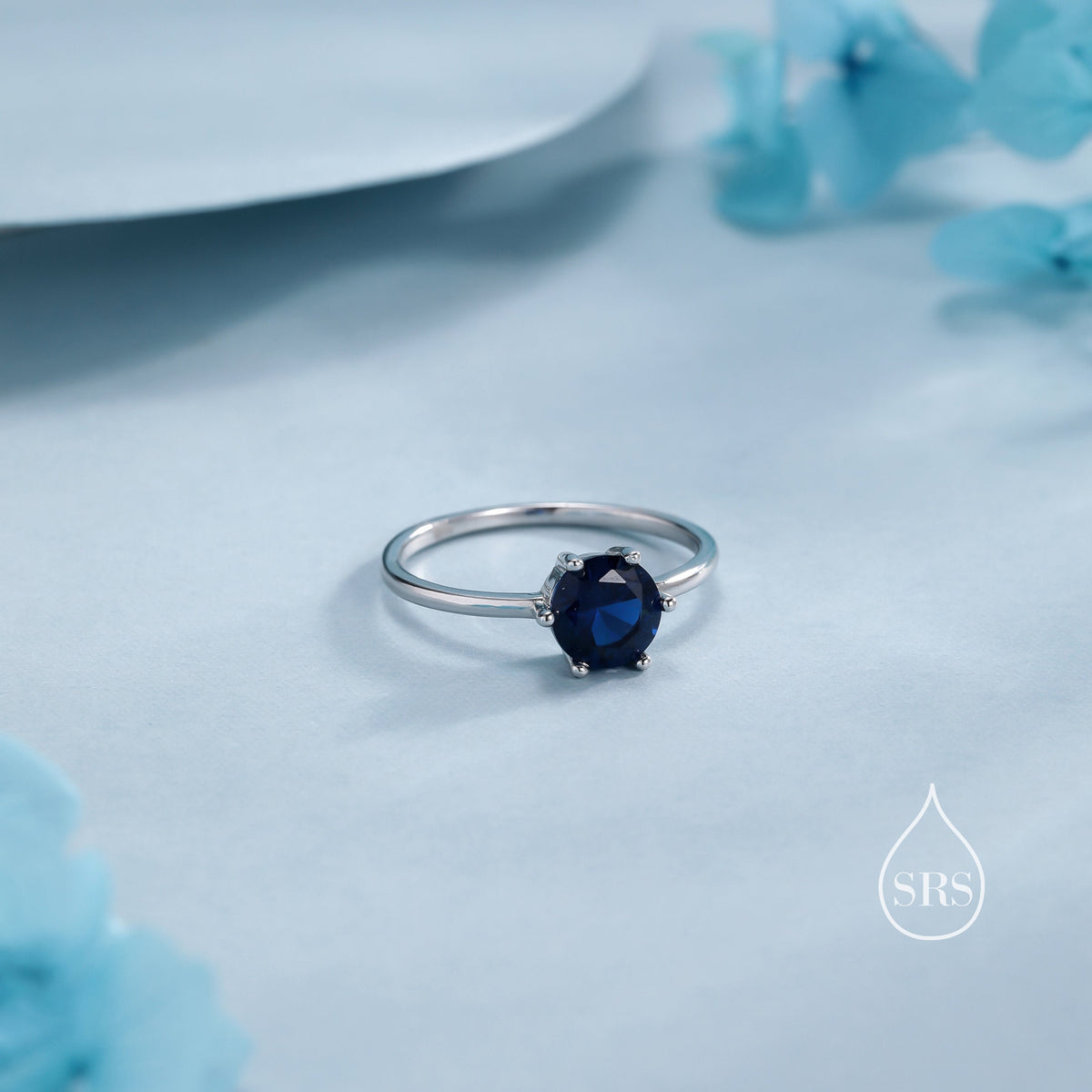 1 Carat Sapphire Blue CZ Ring in Sterling Silver, 6mm Blue Zircon Ring, US Size 5-8, Six Prong Ring, September Birthstone