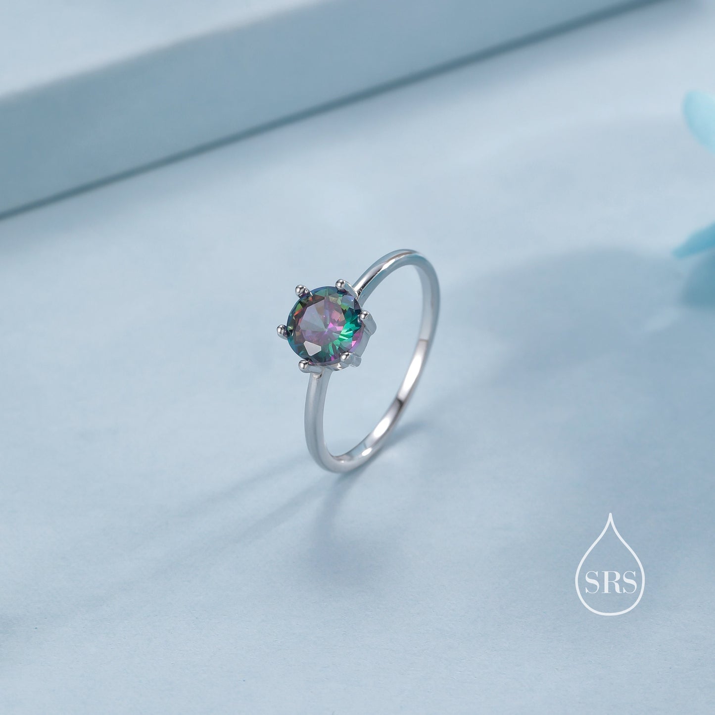 1 Carat Mystic Black CZ Ring in Sterling Silver, 6mm Mystic Topaz CZ Ring, US Size 5-8, Six Prong Ring, Colour Changing Black Crystal Ring