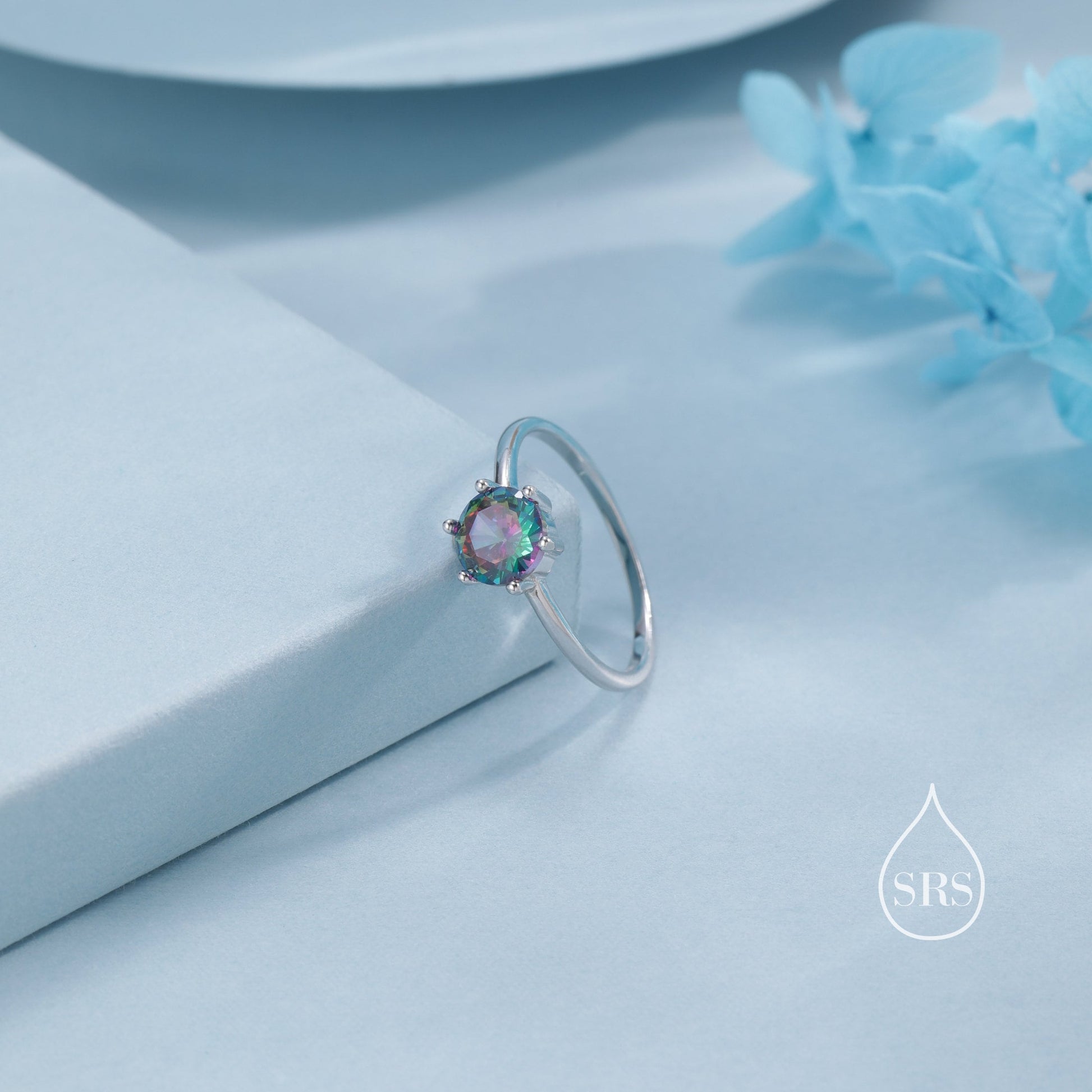 1 Carat Mystic Black CZ Ring in Sterling Silver, 6mm Mystic Topaz CZ Ring, US Size 5-8, Six Prong Ring, Colour Changing Black Crystal Ring