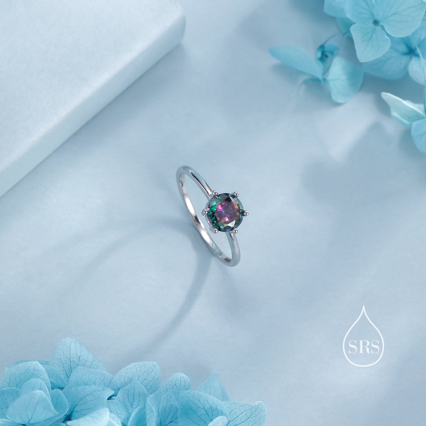 1 Carat Mystic Black CZ Ring in Sterling Silver, 6mm Mystic Topaz CZ Ring, US Size 5-8, Six Prong Ring, Colour Changing Black Crystal Ring
