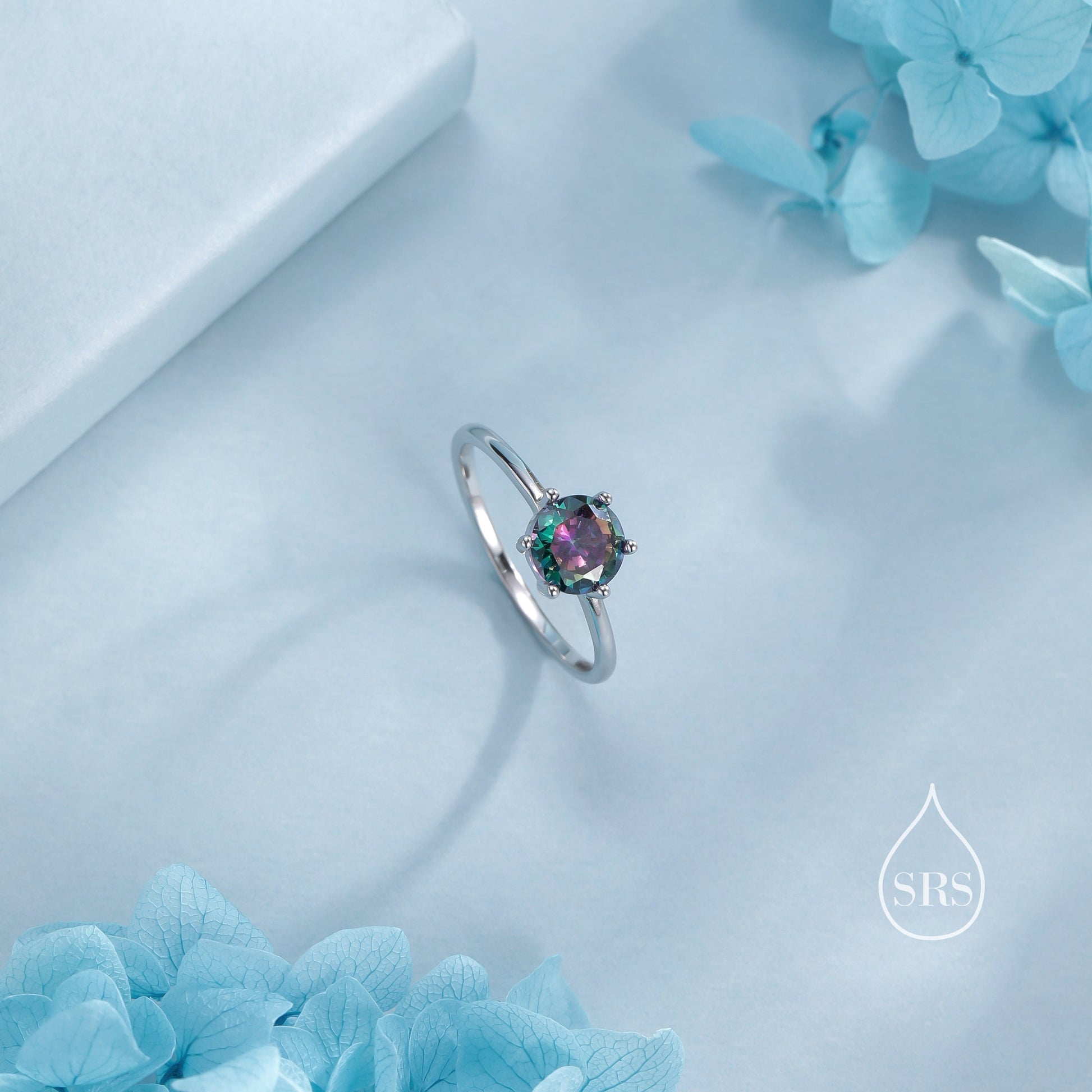 1 Carat Mystic Black CZ Ring in Sterling Silver, 6mm Mystic Topaz CZ Ring, US Size 5-8, Six Prong Ring, Colour Changing Black Crystal Ring