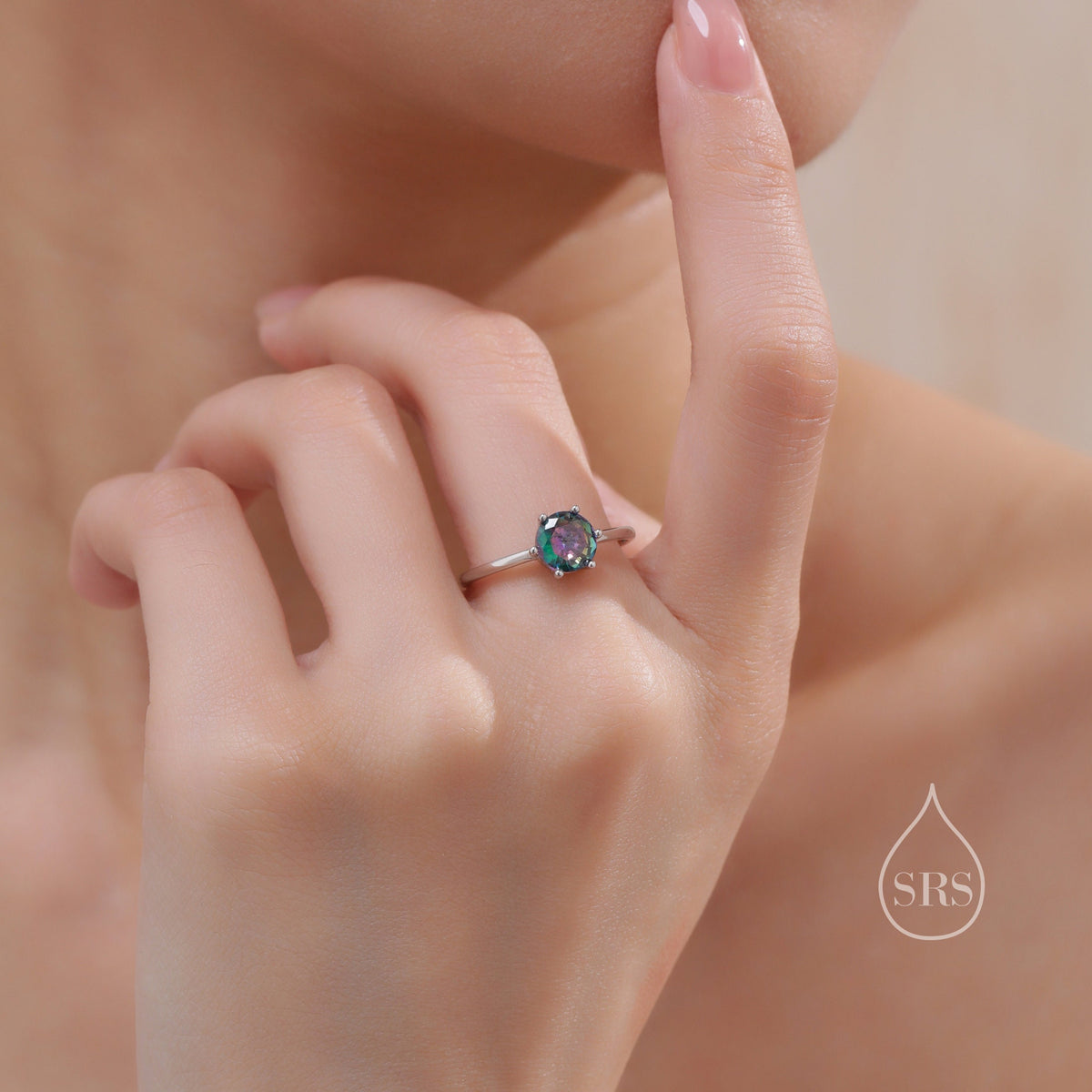 1 Carat Mystic Black CZ Ring in Sterling Silver, 6mm Mystic Topaz CZ Ring, US Size 5-8, Six Prong Ring, Colour Changing Black Crystal Ring