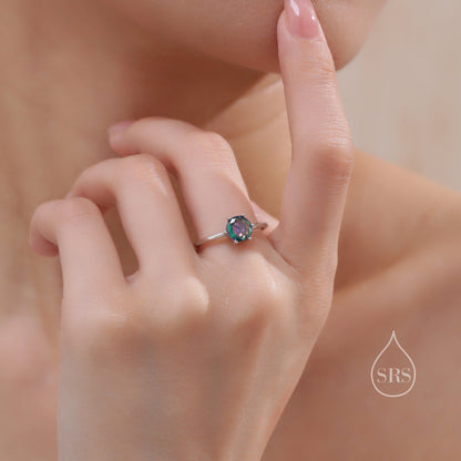 1 Carat Mystic Black CZ Ring in Sterling Silver, 6mm Mystic Topaz CZ Ring, US Size 5-8, Six Prong Ring, Colour Changing Black Crystal Ring