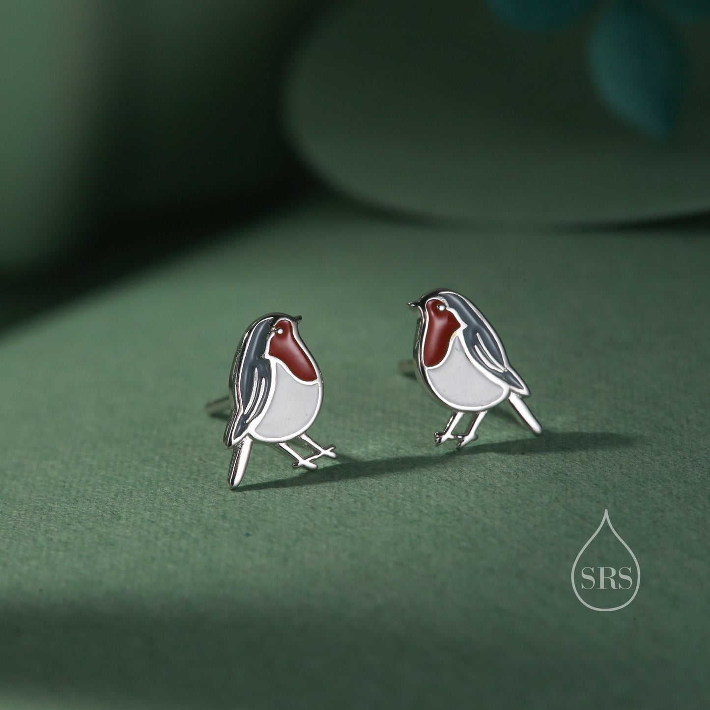 Sterling Silver Enamel Robin Bird Stud Earrings, Silver or Gold, Rose gold, 2D British Bird Earrings, Nature Inspired Bird Earrings