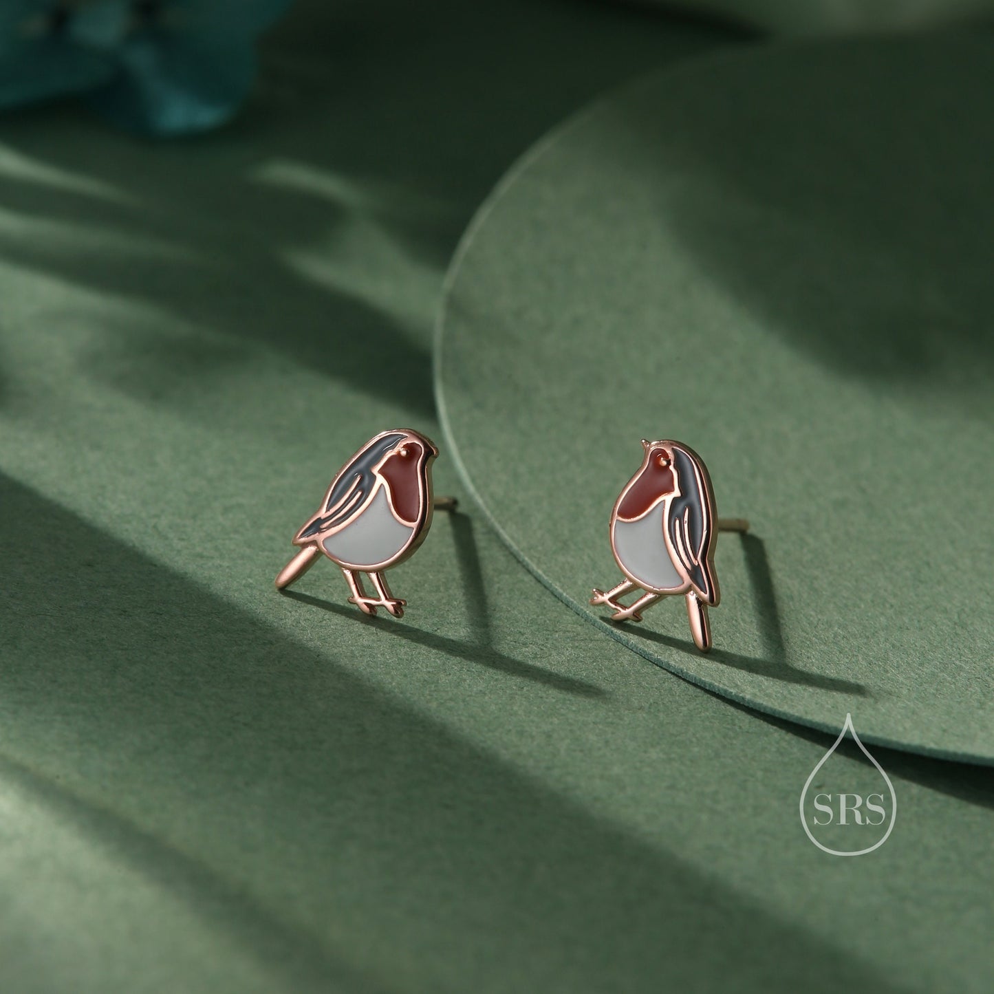 Sterling Silver Enamel Robin Bird Stud Earrings, Silver or Gold, Rose gold, 2D British Bird Earrings, Nature Inspired Bird Earrings