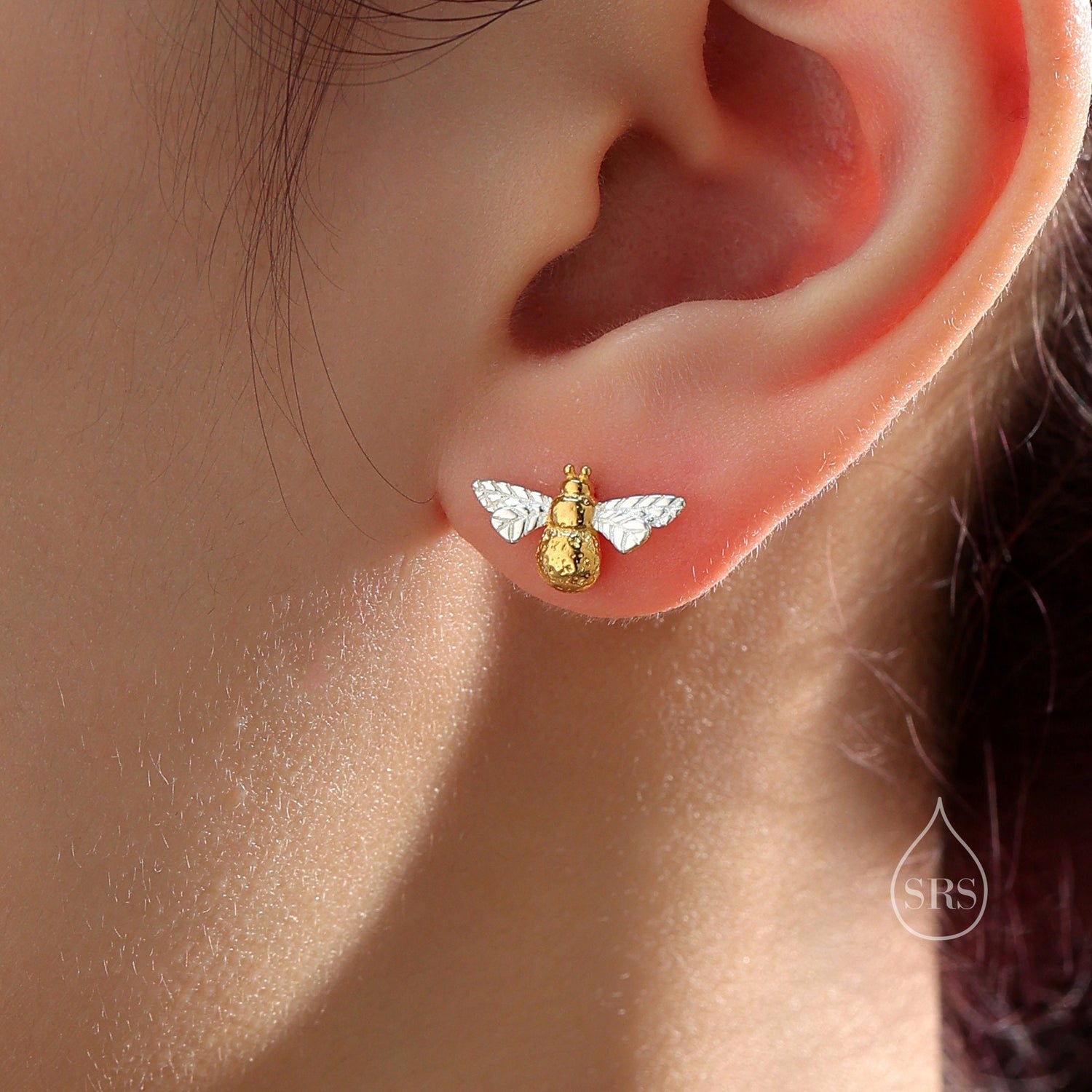 Sterling Silver Bumble Bee Stud Earrings, Partial Gold Coating, in Sterling Silver, Two Tone Bee Earrings, Nature Inspired, Honey Bee Stud
