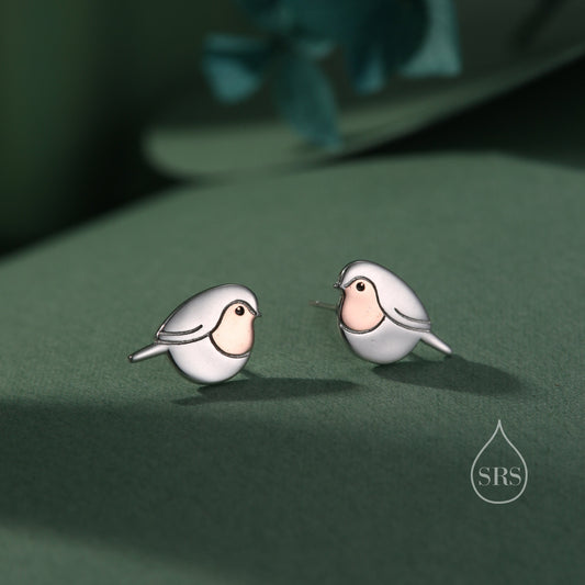 Sterling Silver Robin Bird Stud Earrings, Part Rose Gold Coating, British Bird Earrings, Nature Inspired Animal Earrings, Robin Earrings