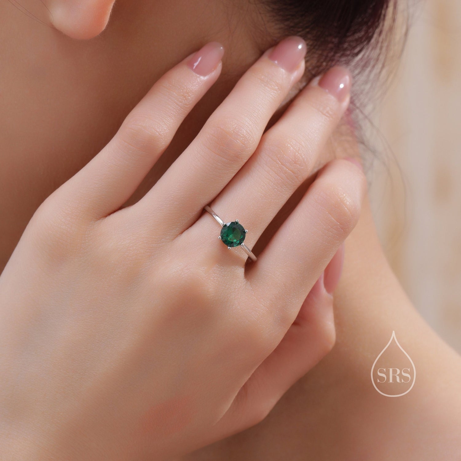 1 Carat Emerald Green CZ Ring in Sterling Silver, 6mm Green Zircon Ring, US Size 5-8, Six Prong Ring, May Birthstone